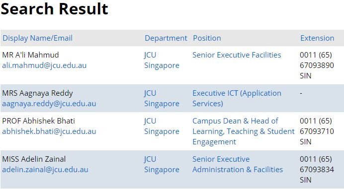 Staff Contact - James Cook University Singapore